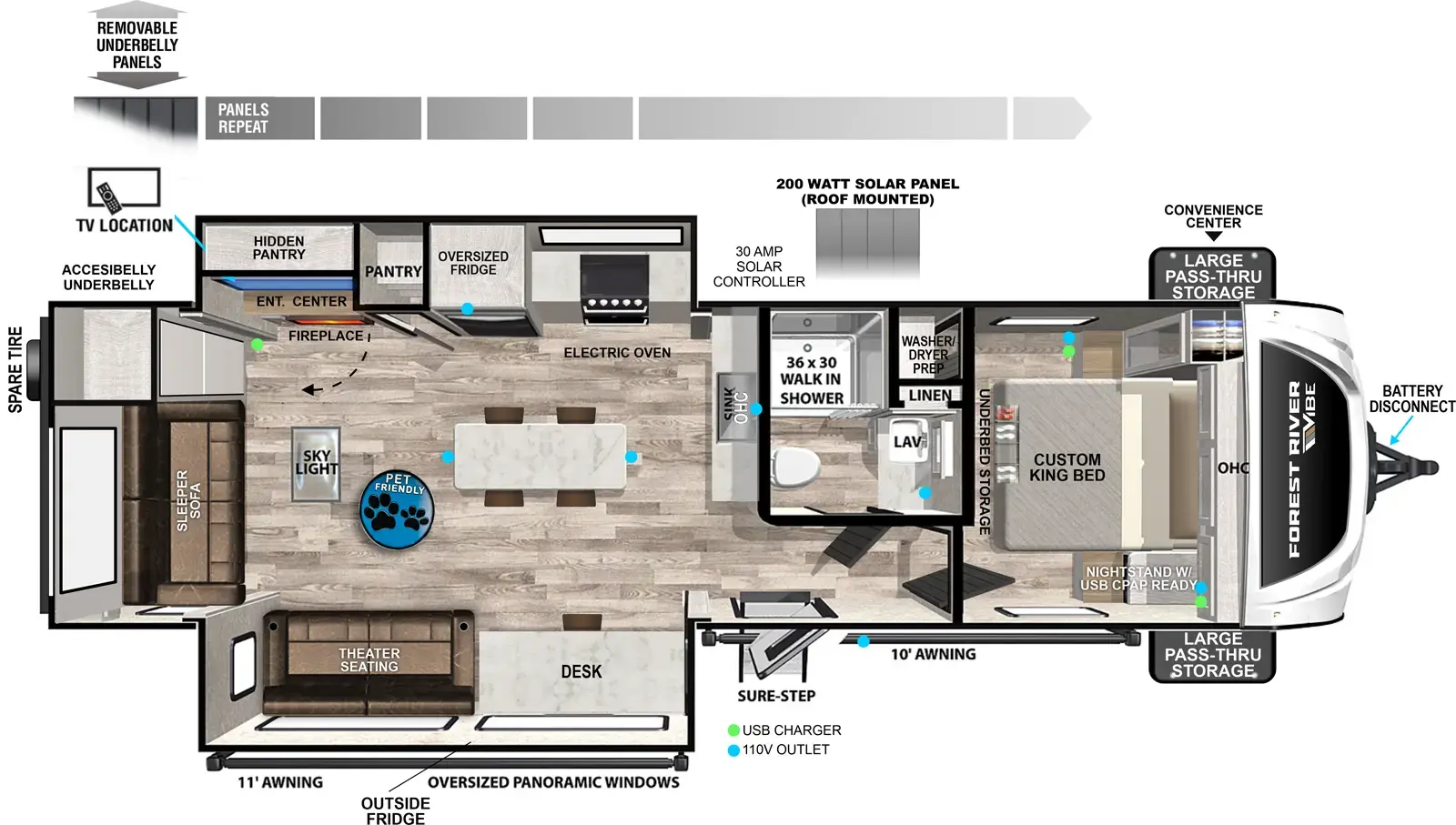 The Vibe 2800RL floorplan has one entry and two slide outs. Exterior features include: fiberglass exterior and 11' & 10' awning. Interiors features include: front bedroom and rear living.